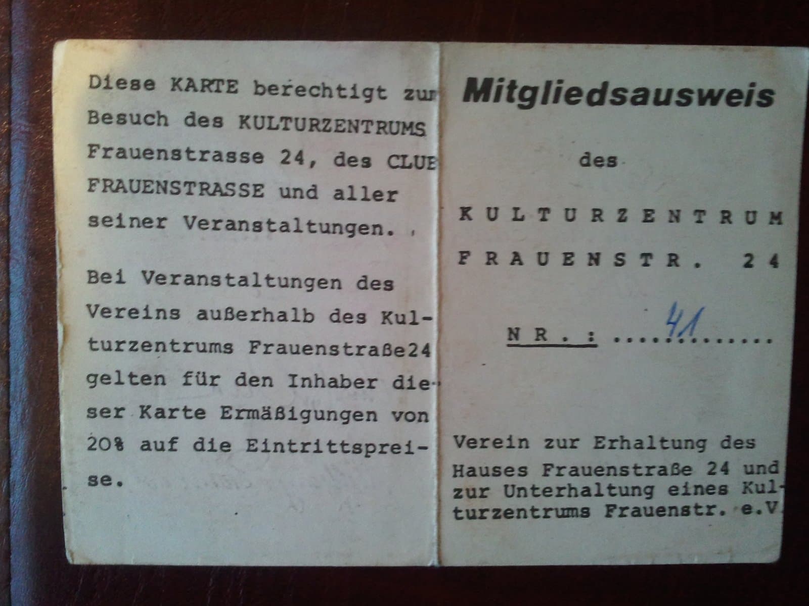 Mitgliedsausweis des Kulturzentrums Frauenstraße 24