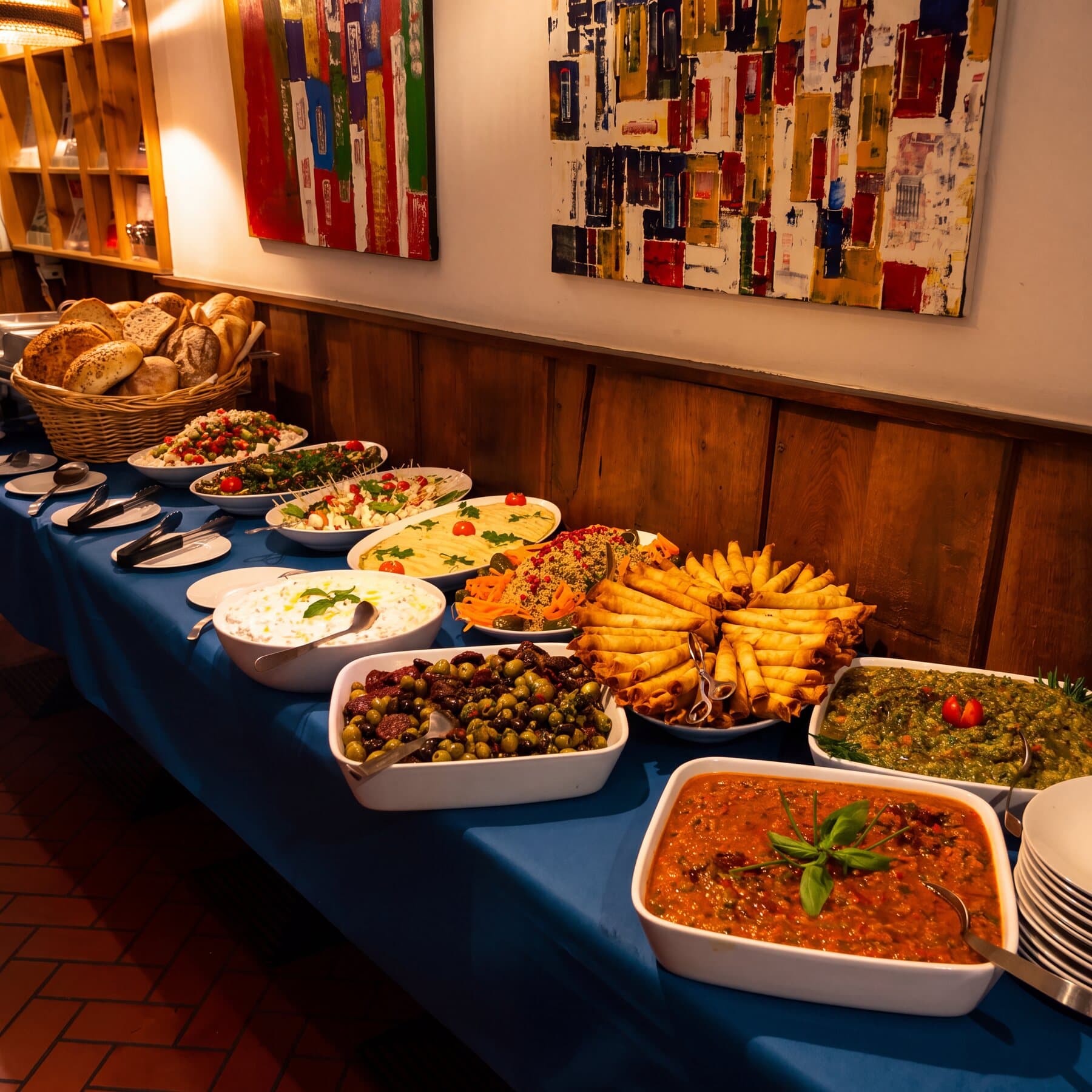 Warmes und kaltes Buffet vor der Holzvertäfelung